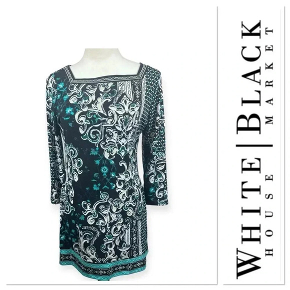 White House Black Market Green and black scroll print dress size small - Picture 1 of 9